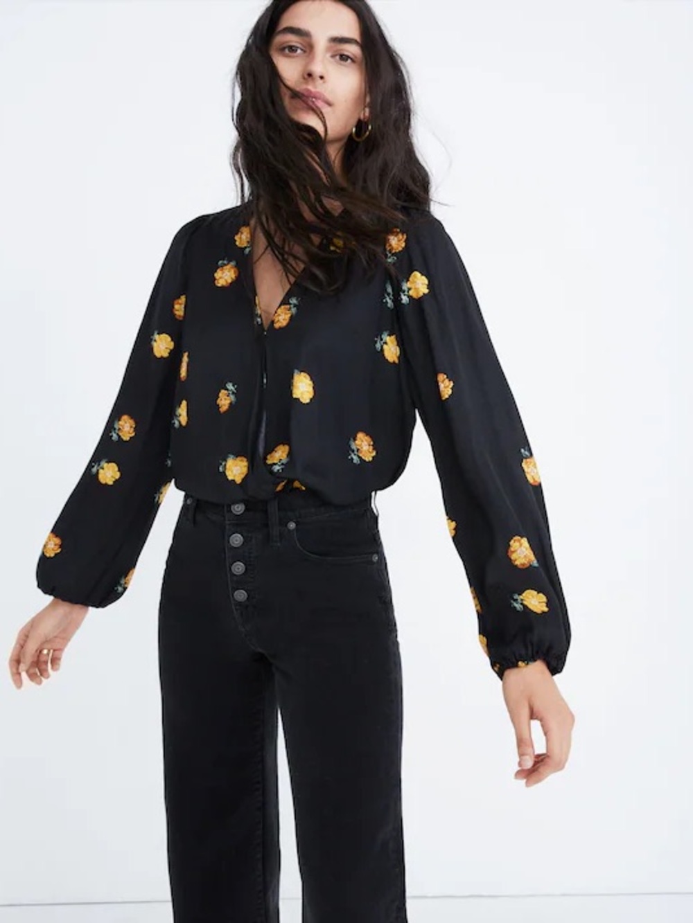 Madewell Black Bubble Sleeve Wrap Blouse w/ Yellow Floral Print Dotted Whimsy XS